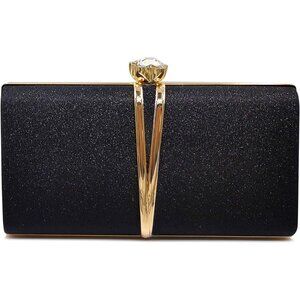 Women's Black Wedding Bridal Evening Clutch Handbag with Detachable Chain Strap